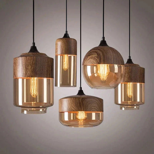 Wood Grain Amber Glass Pendant Light | Retro Loft Kitchen Island Lighting, Wood or Gold