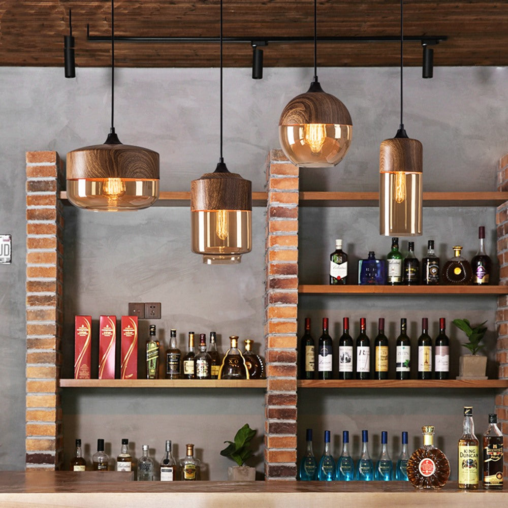 Maintained House Wood Grain Amber Glass Pendant Light - Four pendants over a bar