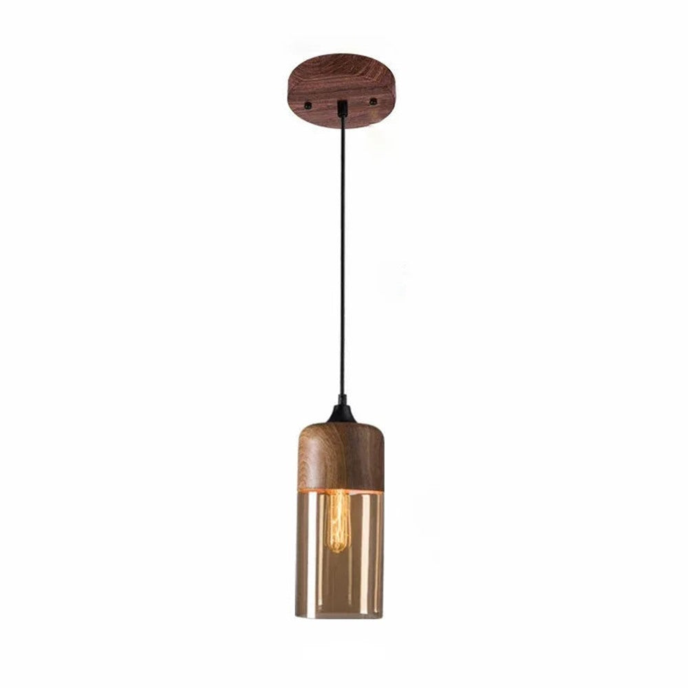 Maintained House Wood Grain Amber Glass Pendant Light - Cylinder with wood grain top