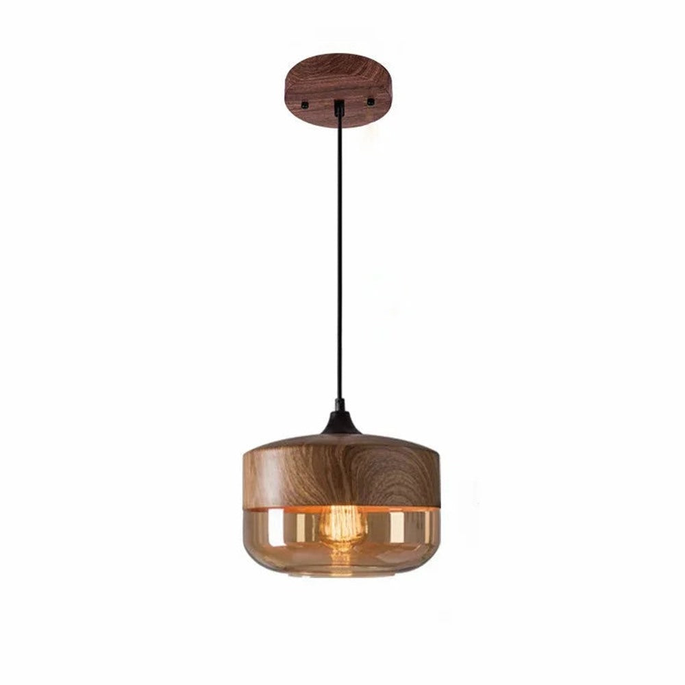Maintained House Wood Grain Amber Glass Pendant Light - Drum with wood grain top