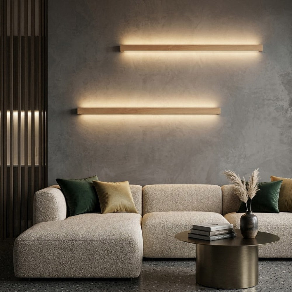 Maintained House Wood Linear LED Wall Light - Two natural bars above a sofa